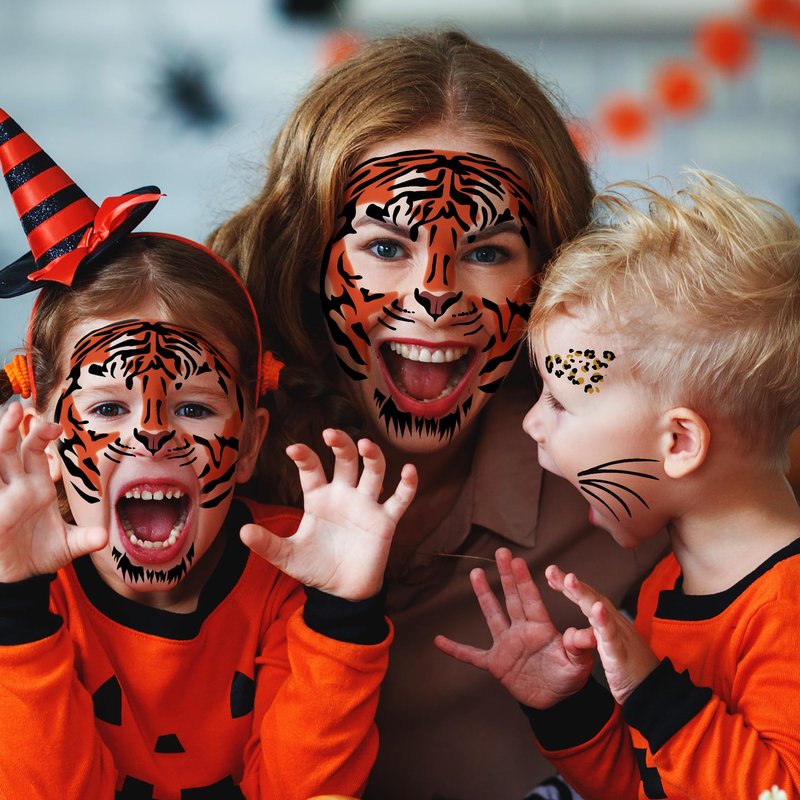 4 Sheets Tiger Face Halloween Temporary Tattoos, Large 6.9 x 6.9 Inch Tiger Face Tattoo Stickers for Kids and Adults - Perfect for Parties, Festivals, and Costumes