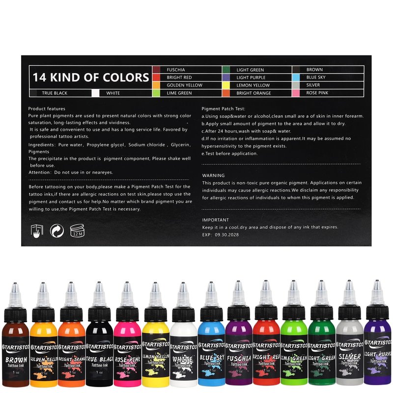 14 Colors Tattoo Ink Set 1oz (30ml) GTARTISTOO Professional Vegan-Friendly Pigment Tattoo Inks Color Kit Supplies