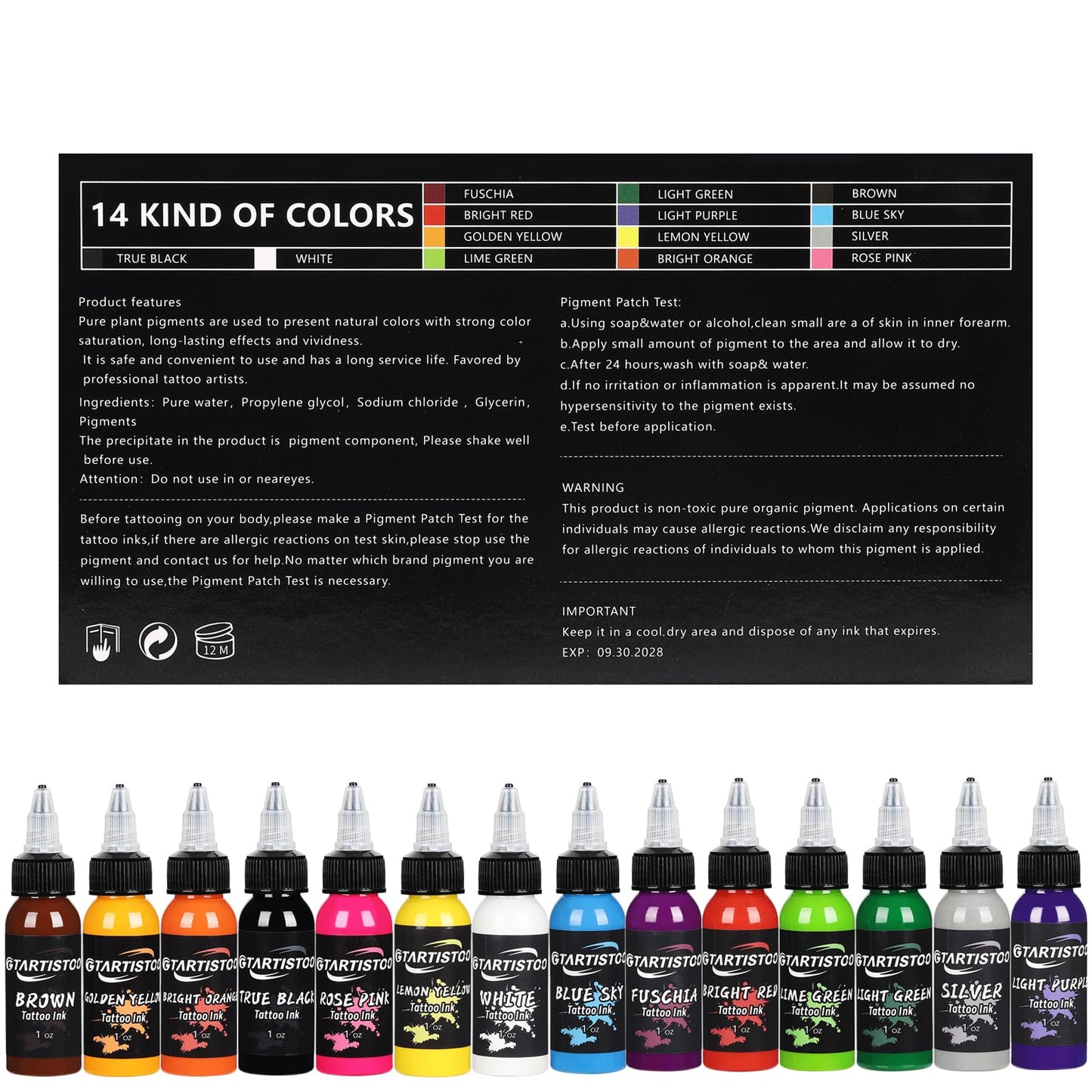 14 Colors Tattoo Ink Set 1oz (30ml) GTARTISTOO Professional Vegan-Friendly Pigment Tattoo Inks Color Kit Supplies