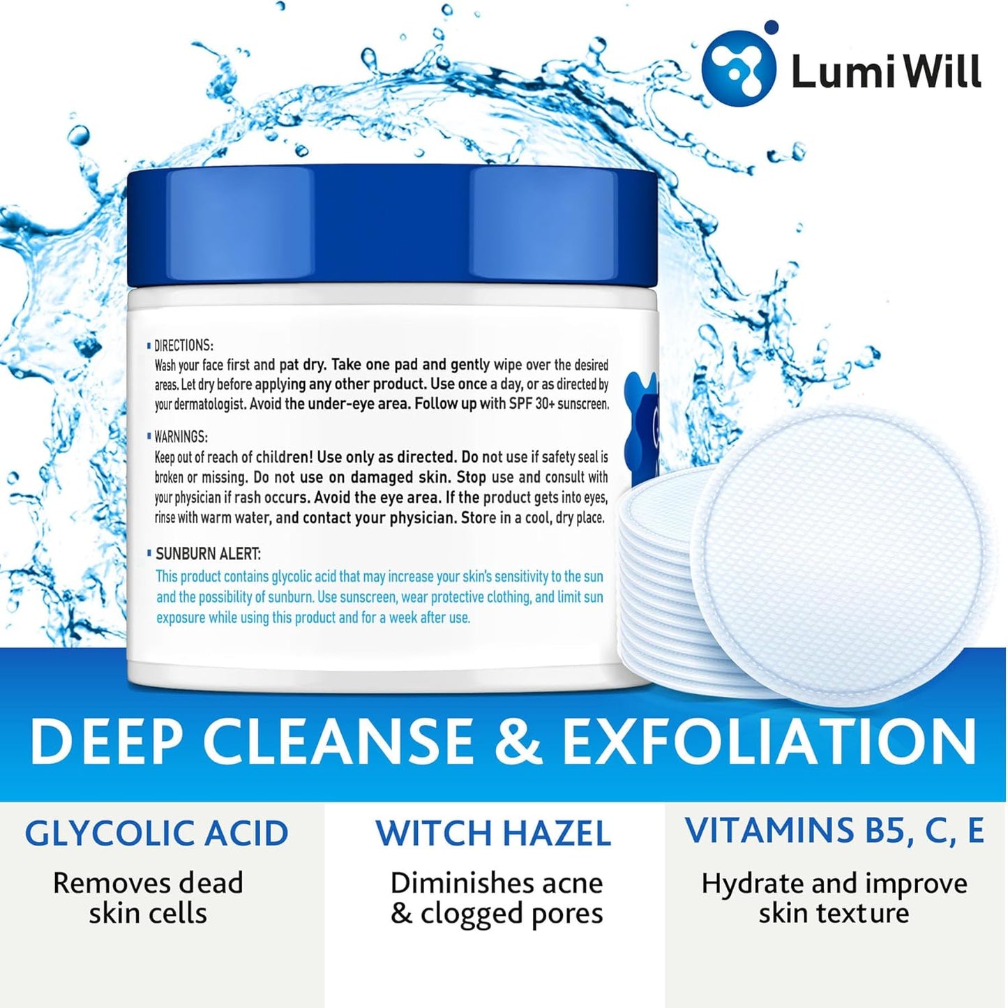 Glycolic Acid Pads 35% - Exfoliating Face Pads with Vitamins B5, C, E & Green Tea | 50 Pre-Soaked Pads for Even Skin Tone & Texture