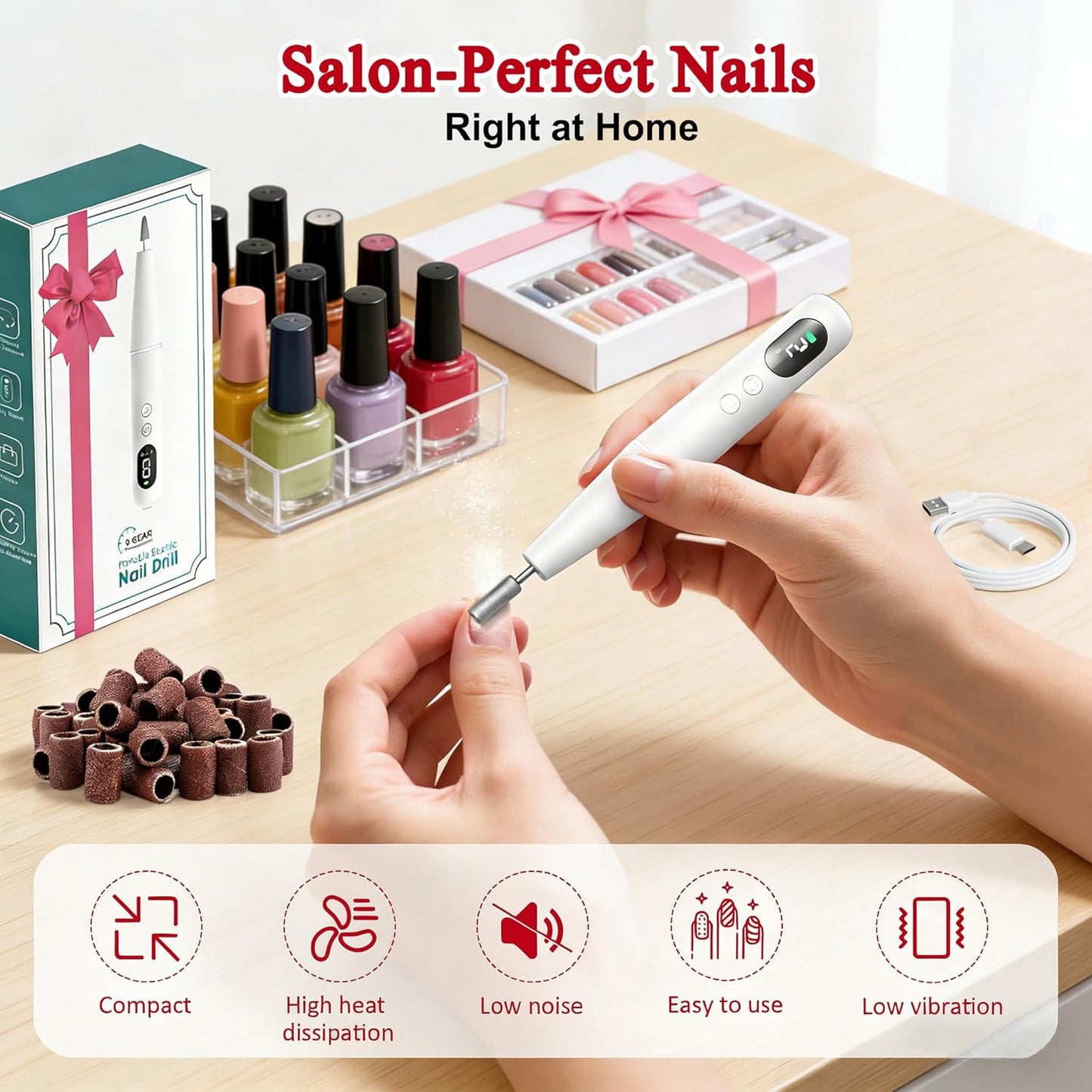 Professional Electric Nail Drill - Cordless Nail File with LED Display, 6 Bits & 26 Accessories for Gel/Acrylic Nails | White