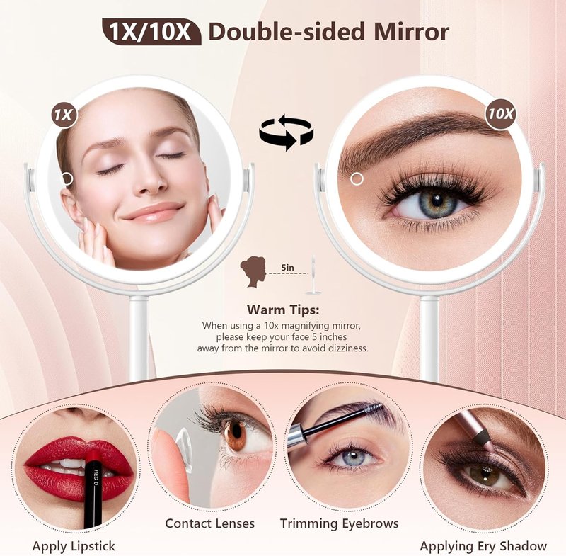 Magnifying Makeup Mirror with Light - 3 Color Settings, Rechargeable, Double-Sided | 8.6-Inch Large