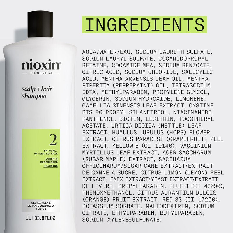 Nioxin Scalp + Hair Thickening System 2 Shampoo| For Natural or Untreated Hair with Progressed Thinning| With Niacinamide and Biotin| 33.8 Fl oz.