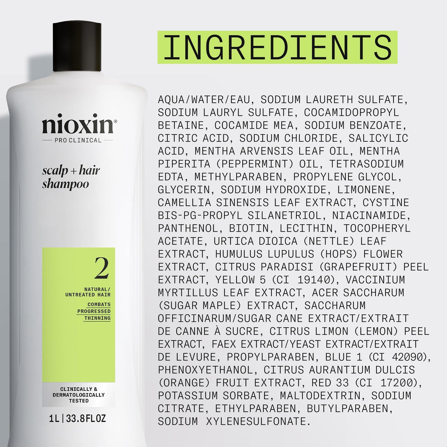 Nioxin Scalp + Hair Thickening System 2 Shampoo| For Natural or Untreated Hair with Progressed Thinning| With Niacinamide and Biotin| 33.8 Fl oz.