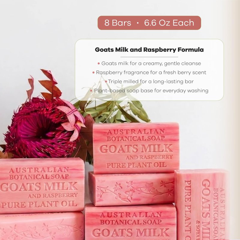Australian Botanical Goats Milk Soap and Raspberry, 6.6 OZ, Triple Milled Bars made with a Natural Soap Base and Enriched with Organic African Shea Butter, Pack of 8