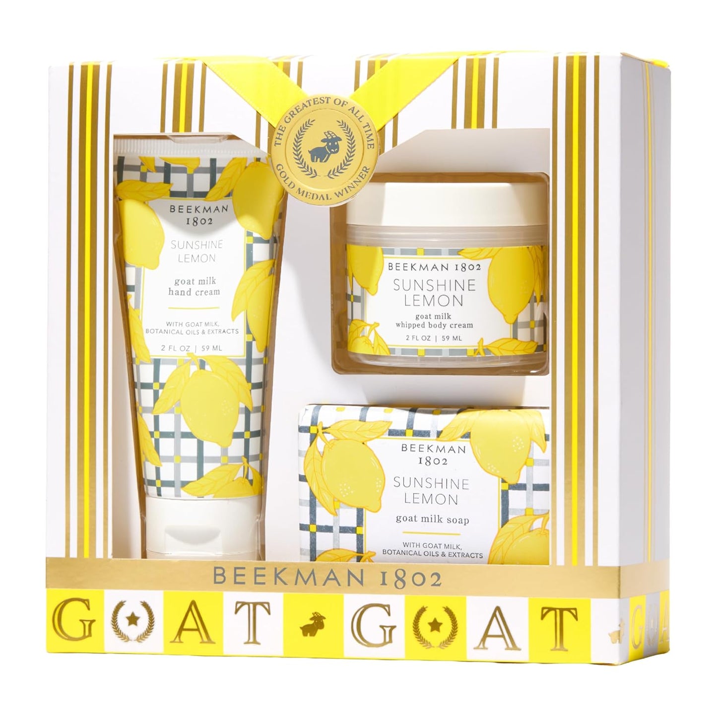 Beekman 1802 Sunshine Lemon Body Care Set | Goat Milk Skincare Gift with Bar Soap, Whipped Cream & Hand Cream - Travel Size