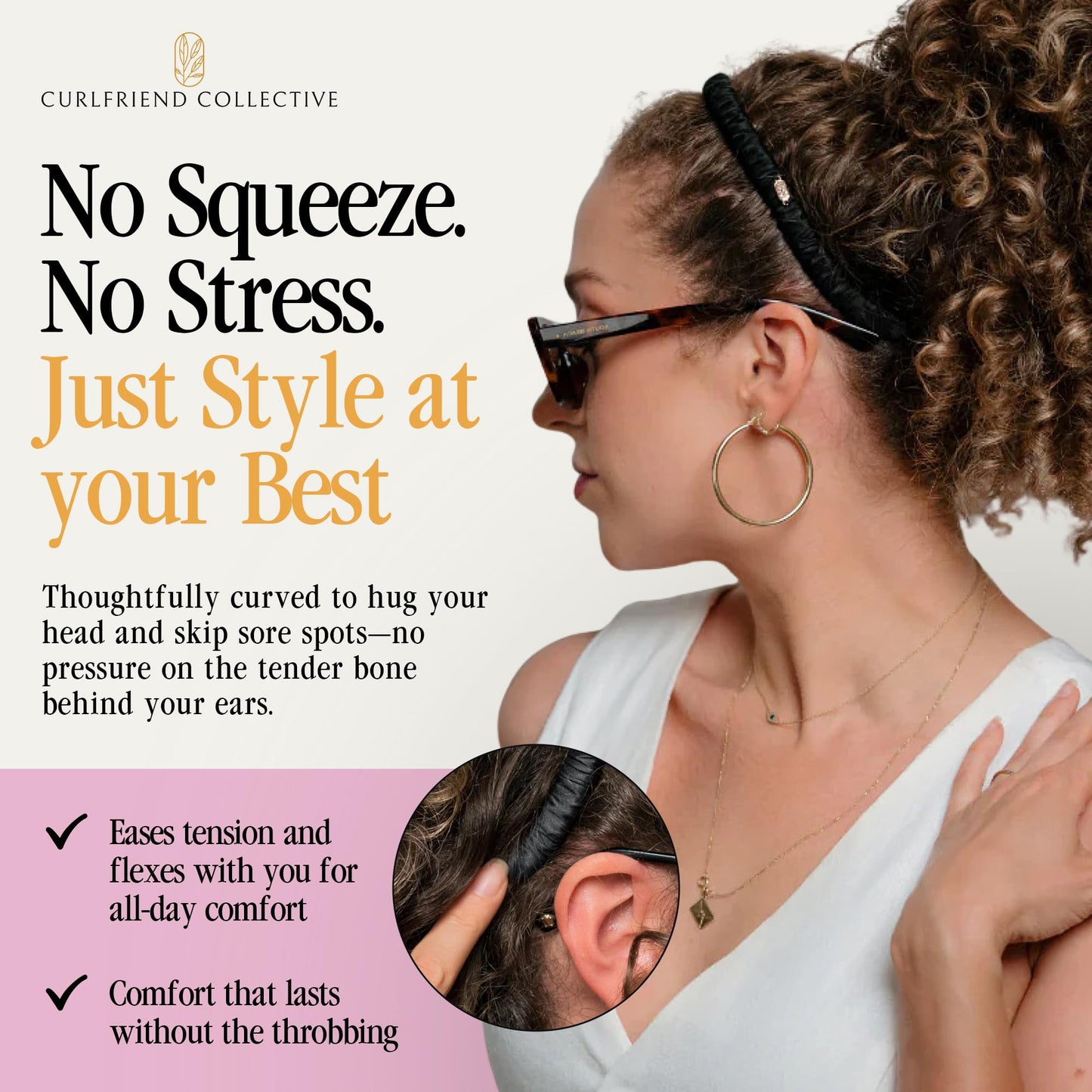 Curlfriend Collective Onyx Comfort Curve Silk Headband – Luxury 100% Mulberry Silk, No-Slip Headband for Women – Gentle, Headache-Free Fit for Curly, Coily & Textured Hair