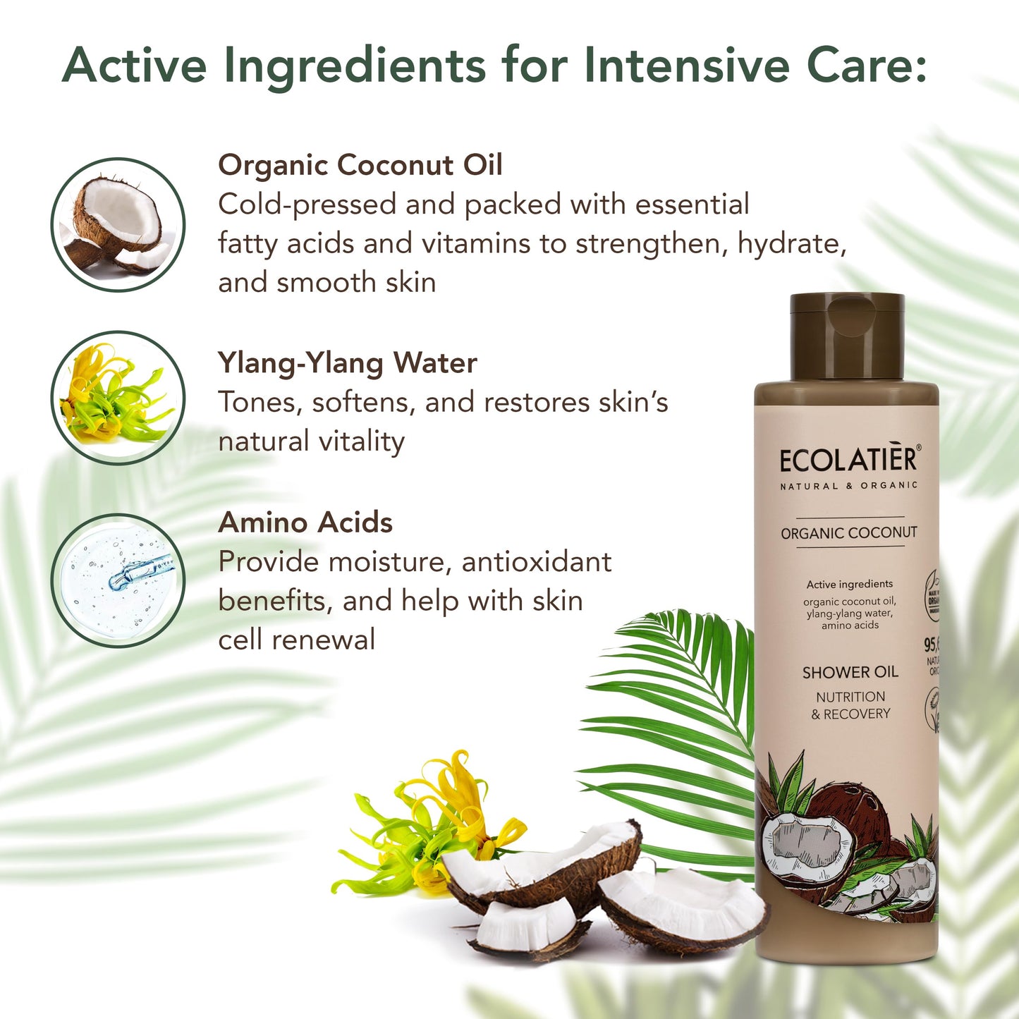 ECOLATIÈR Shower Oil – Organic Coconut Oil – Moisturizing & Nourishing Body Wash for Women, 95.5% Natural, Vegan, for Sensitive Skin - 8.5 Fl Oz (Coconut oil)