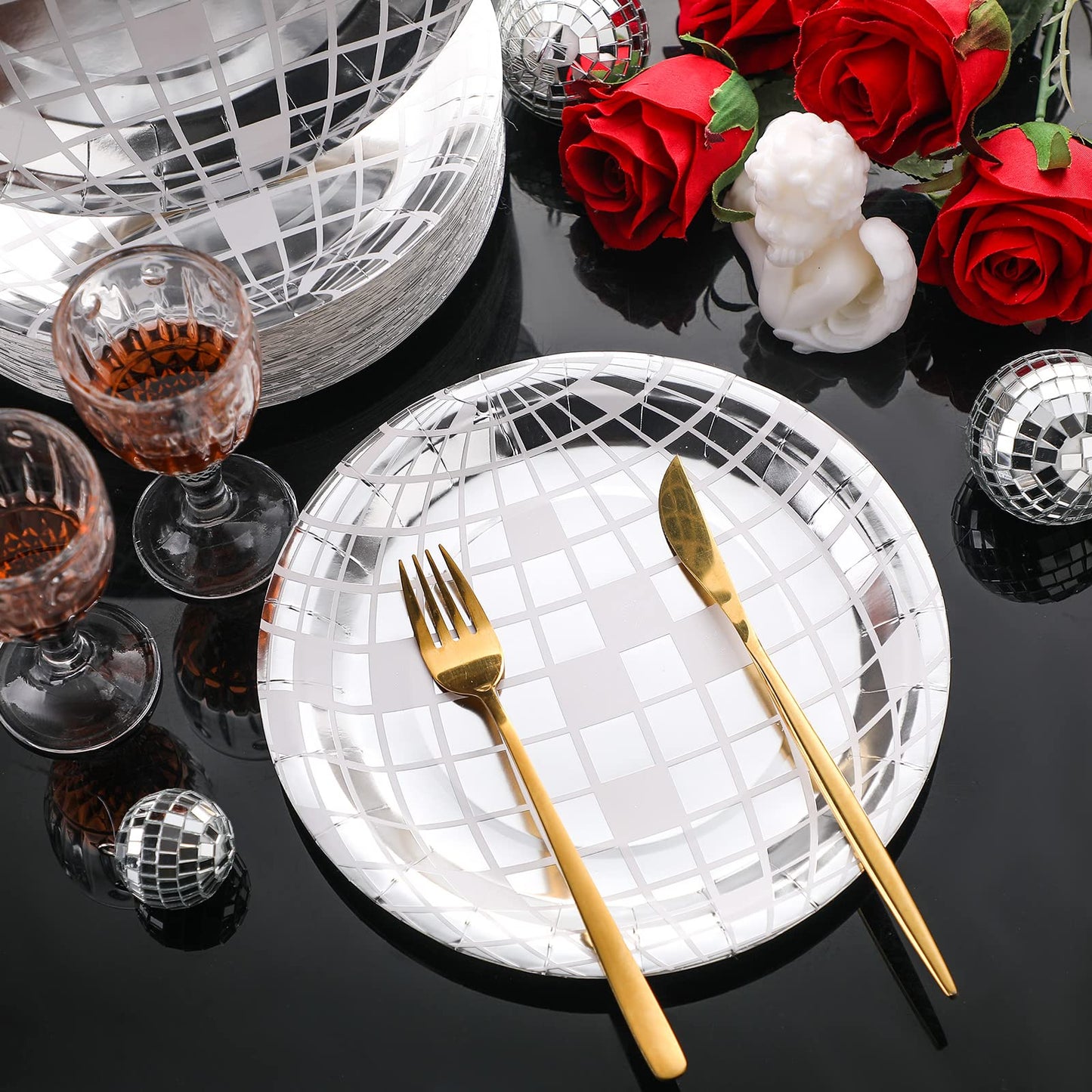 Funtery 50 Pcs Disco Plates 9'' Silver Paper Plates 70s Party Decorations Disposable Disco Dessert Dinner dish Dancing Queen Cowgirl Party Decorations for New Year's Eve 2026
