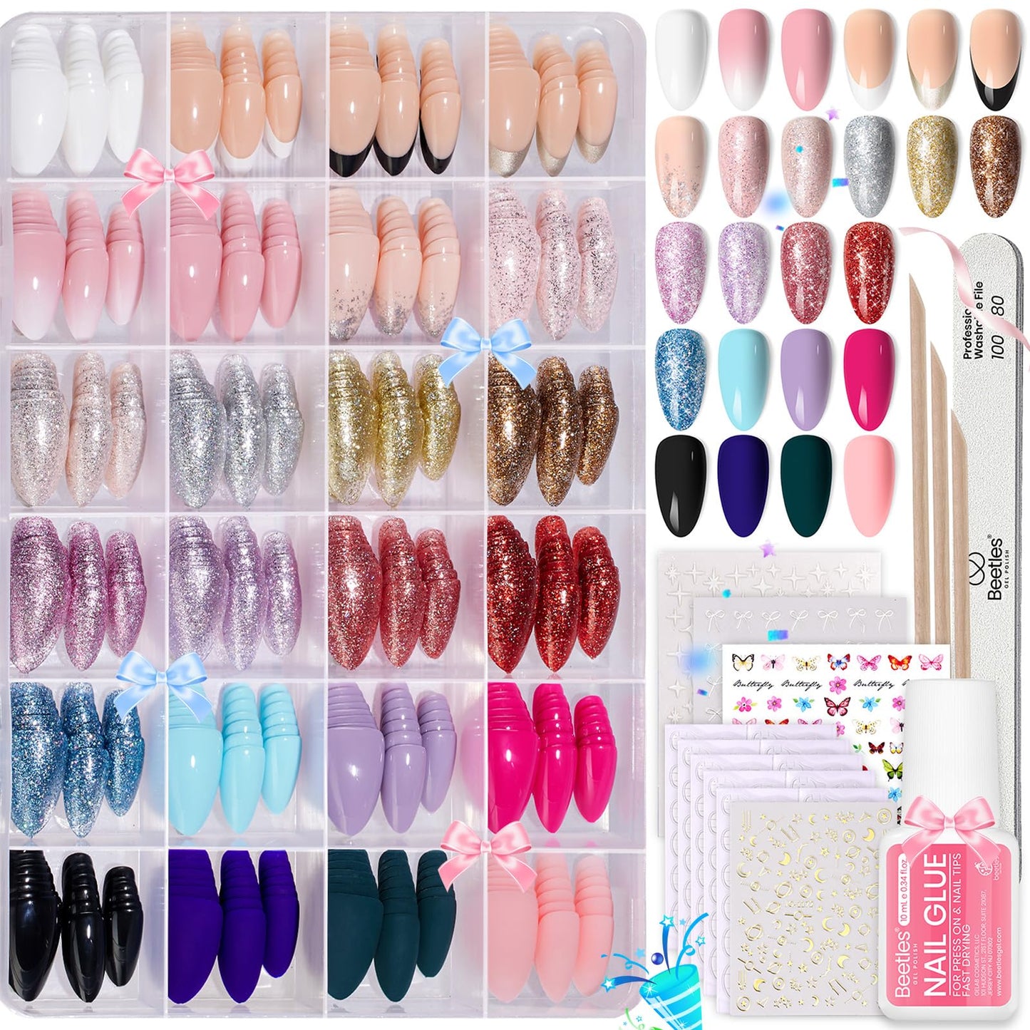 Beetles Press on Nails Kit 720Pcs 24 Colors, Short Almond Press on Nail Glossy Matte Glitter with Nail Glue & Nail Tabs Stickers, Natural Fit Lightweight Fake Nails Kit Art for Women Girls