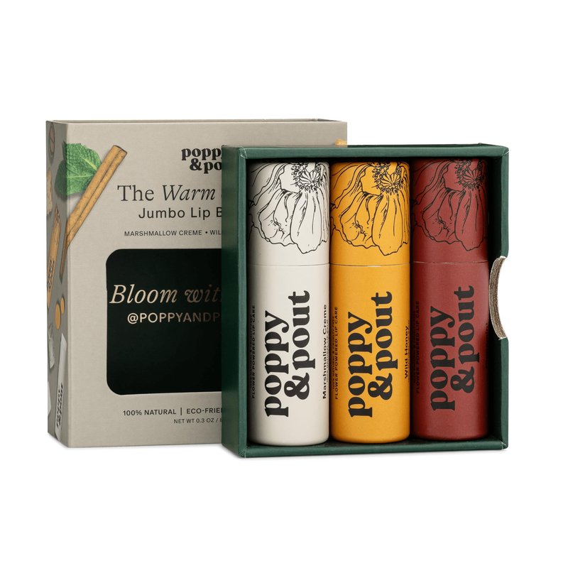 Jumbo Lip Balm Gift Set (3-Pack, Warm Flavors) | Poppy & Pout All Natural Lip Balms & Moisturizers | Hydrates with Beeswax, Vitamin E, Organic Coconut Oil | Cruelty-Free | Recyclable Cardboard Tube