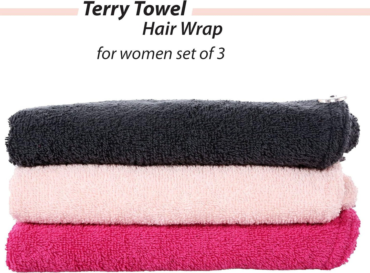 Cacala Terry Cloth Shower Cap for Women - Luxurious Non-Frizz Hair Wraps | Highly Absorbent with Holding Loop & Buttons - 3pcs