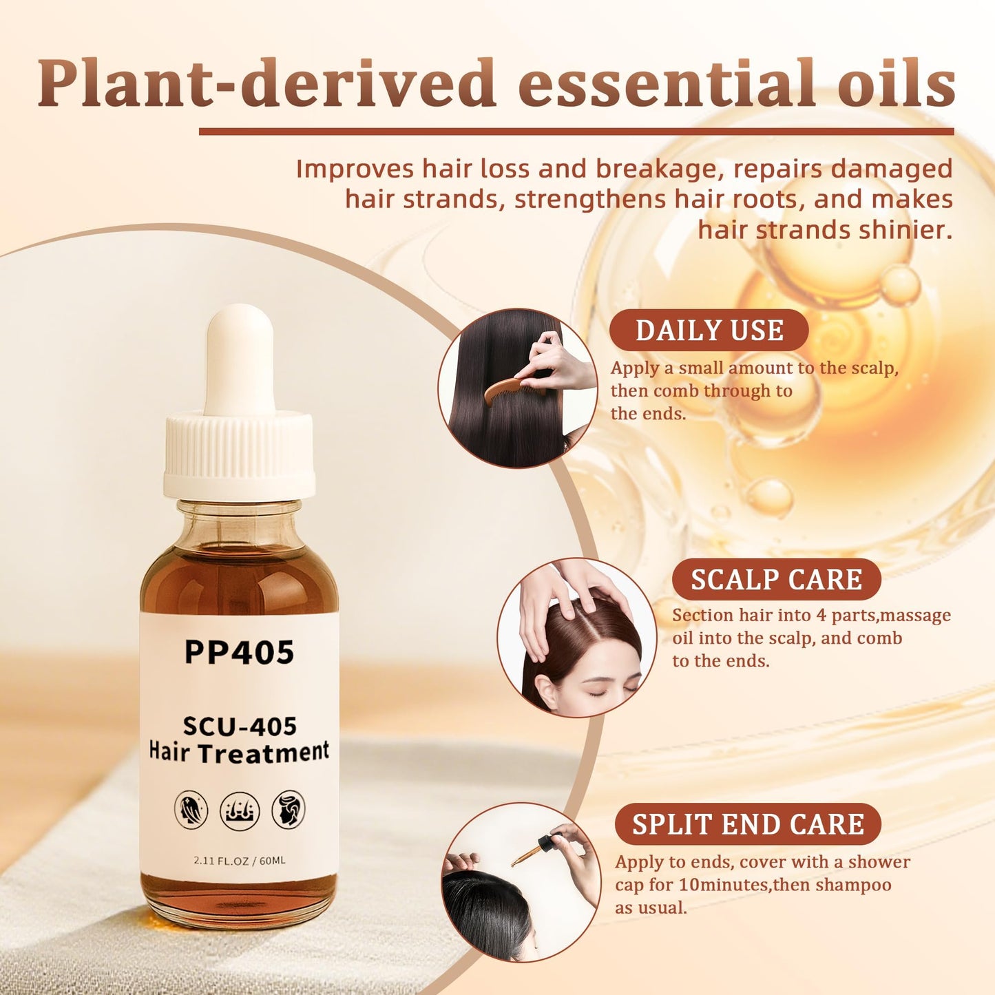 PP405 Hair Treatment | SCU-405 | Hair Growth Oil | Anti-Hair Loss | Quickly Absorbed & Non-Greasy | Hair Serum Growth for All Types | 2.11 FL.OZ (1 * 60ML)