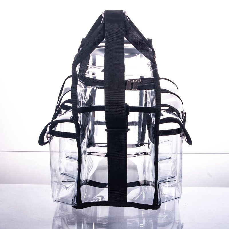 Wide Open Large Professional Clear PVC Travel Makeup Artist Set Bag Cosmetic Nails Beauty Bags Transparent Vinyl Tool Organizer Beach Bags Diaper Bag with 6 External Pockets & Strap (Black)
