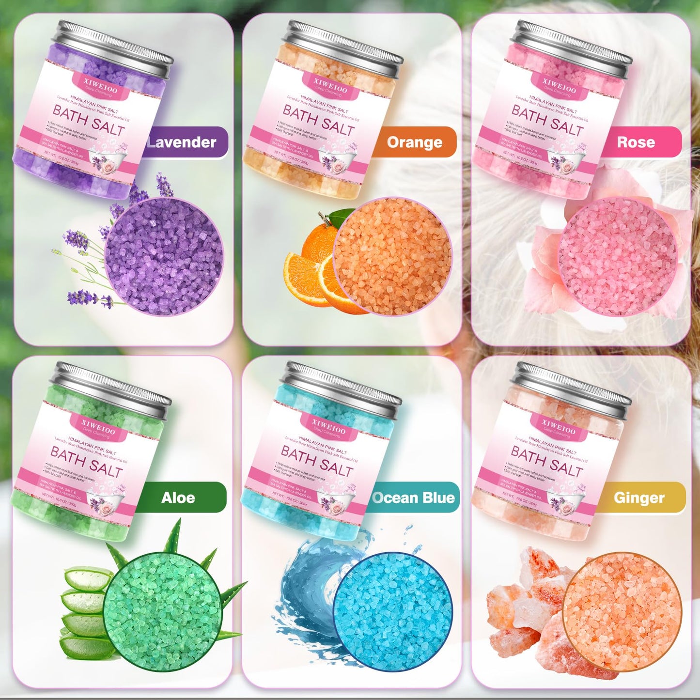 XIWEIOO 6 Pack Bath Salt KIT for Soaking Himalayan Pink Salt Lavender