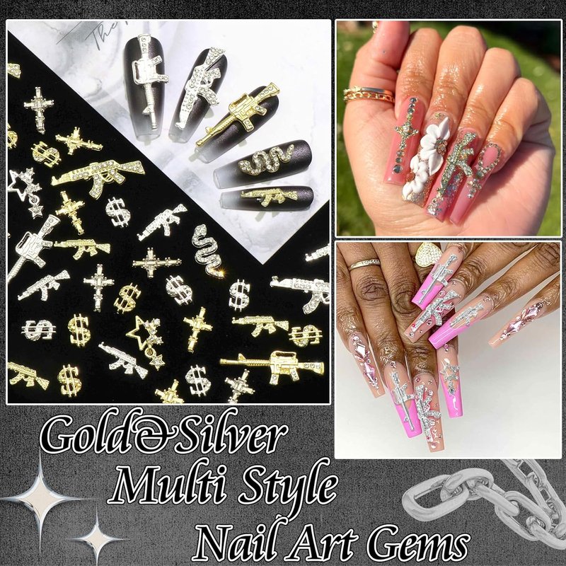 3D Gun Nail Charms - 50PCS Cross & Dollar Nail Gems for Manicure | Gold & Silver Snake Decorations