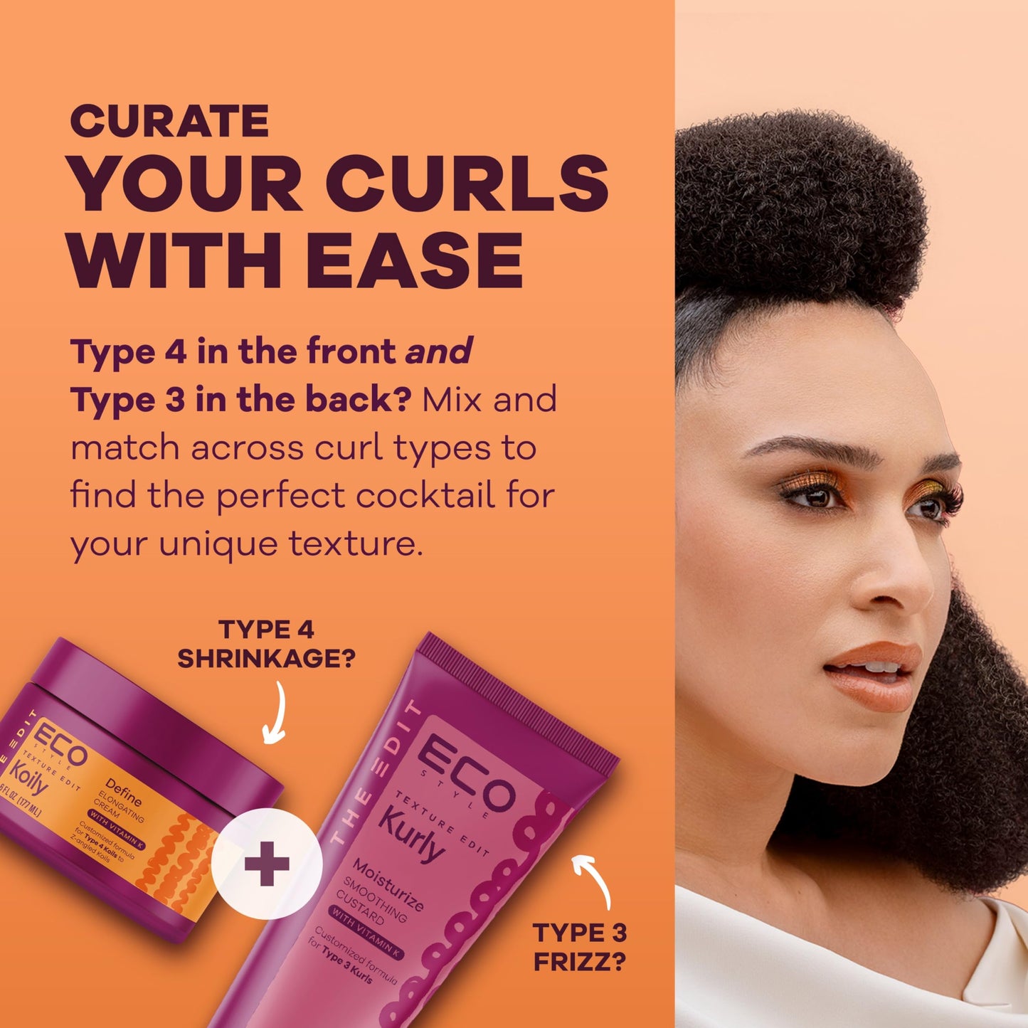 Eco Style Elongating Cream, Texture Edit, Koily Define Gel Para Cabello for Type 4 curly hair, 6oz.