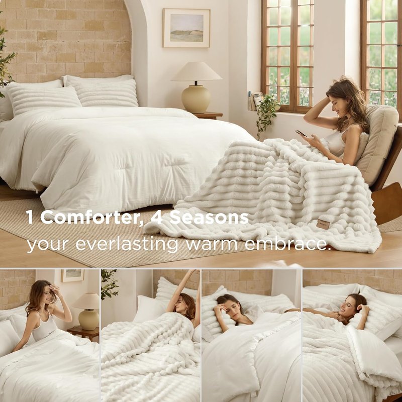 Bedsure 2-in-1 King Size Comforter Set - Cream White Fluffy Blanket & Detachable Design | All Season Bedding, Includes 2 Pillow Shams & 2 Pillowcases