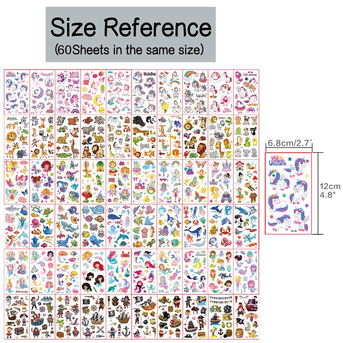 Fake Tattoos for Kids, 500+ Mixed Styles Temporary Tattoos Stickers for Girls and Boys, Monster Truck Unicorn Mermaid Marine Animals Flower Fairy Pirate Tattoos for Kids Birthday Party Supplies