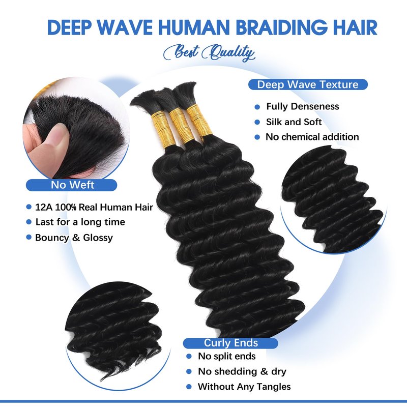 Human Braiding Hair for Boho Braids 14Inch 120g 12A Deep Water Wave Braiding Hair for Curly Boho Hair Braiding Knotless Bulk Bohemian Natural Black