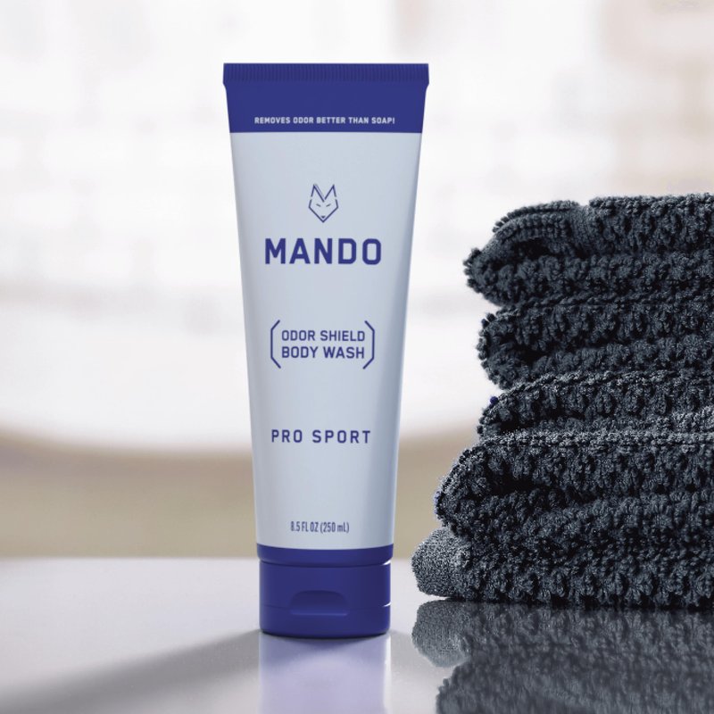 Mando Smooth Solid Stick (2.6 Ounce) + Acidified Body Wash (8.5 Ounce) - Clinically Proven to Block Odor All Day - Whole Body Safe For Pits, Packages + Feet (Pro Sport)