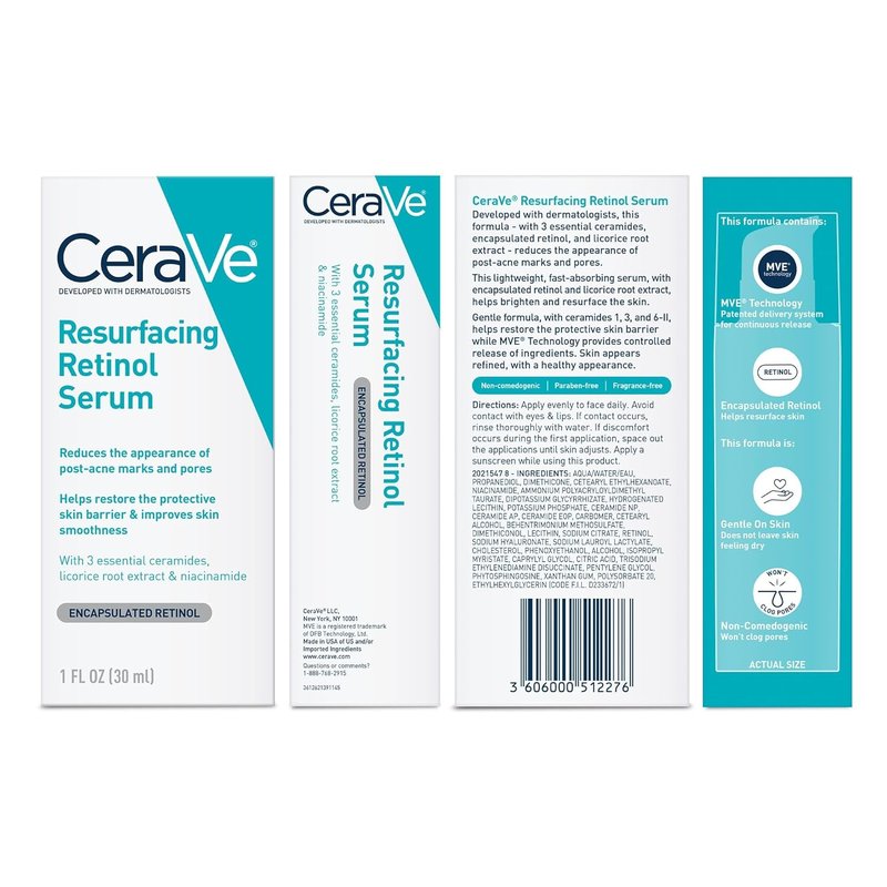 CeraVe Resurfacing Retinol Serum - Brightening Acne Marks Treatment | Niacinamide & Licorice Root Extract