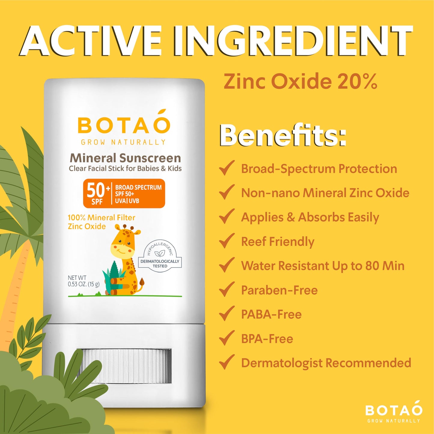 Botao baby Mineral Sunscreen Stick 100% Zinc Oxide SPF 50+ Water Resistant UVA/UVB Protection Easy to Apply Fragrance Free, babies & kids, for sensetive skin, Unscented