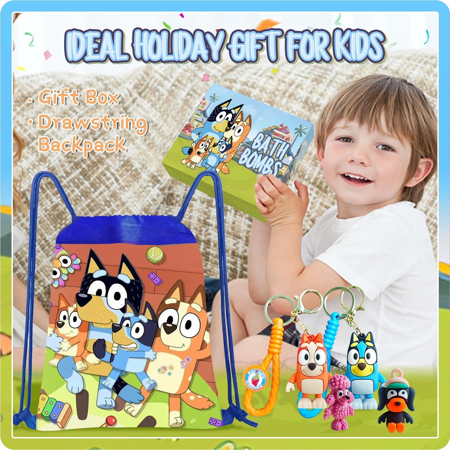 The Blue Heelers Gifts Set: Bath Bombs with Toys Inside, Shower Steamers, Mask Craft, Keychain, Drawstring Backpack, Towel, Blanket, Sticker, Poster, Gift Card, Birthday Gifts for Kids,Relaxing Gifts