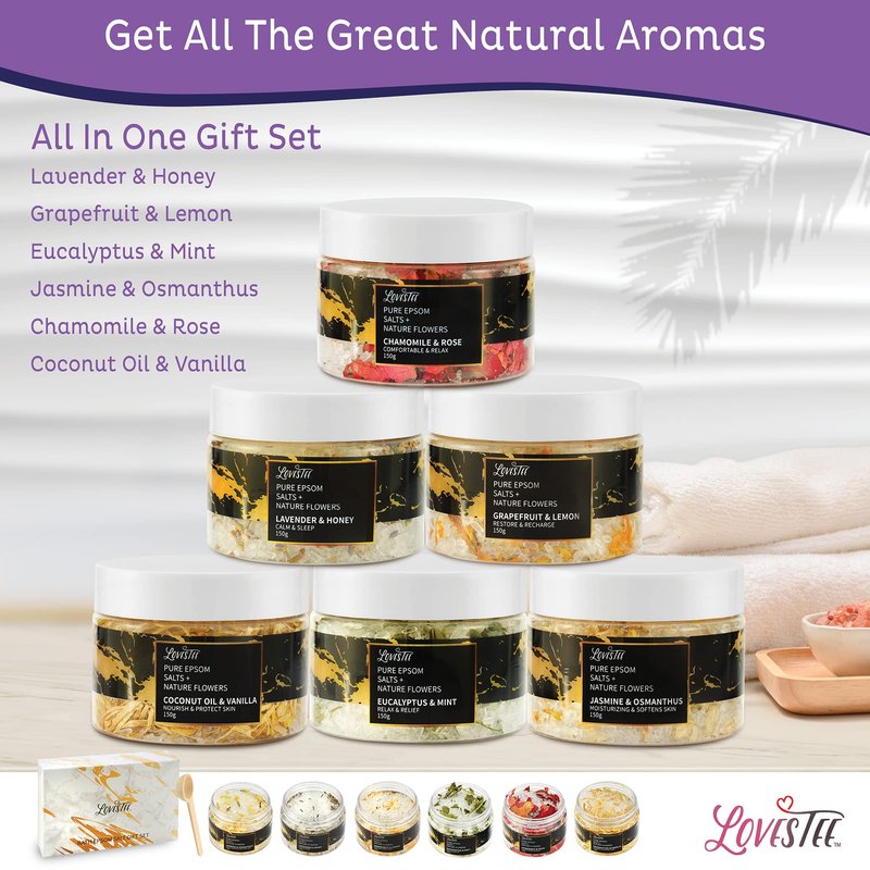 Christmas Epsom Salt Spa Gift Set of 6 Bath Salts - Coconut Vanilla, Jasmine Osmanthus, Eucalyptus Mint, Lavender Honey, Chamomile Rose, Grapefruit Lemon for Bath Gift Set for Women Baskets