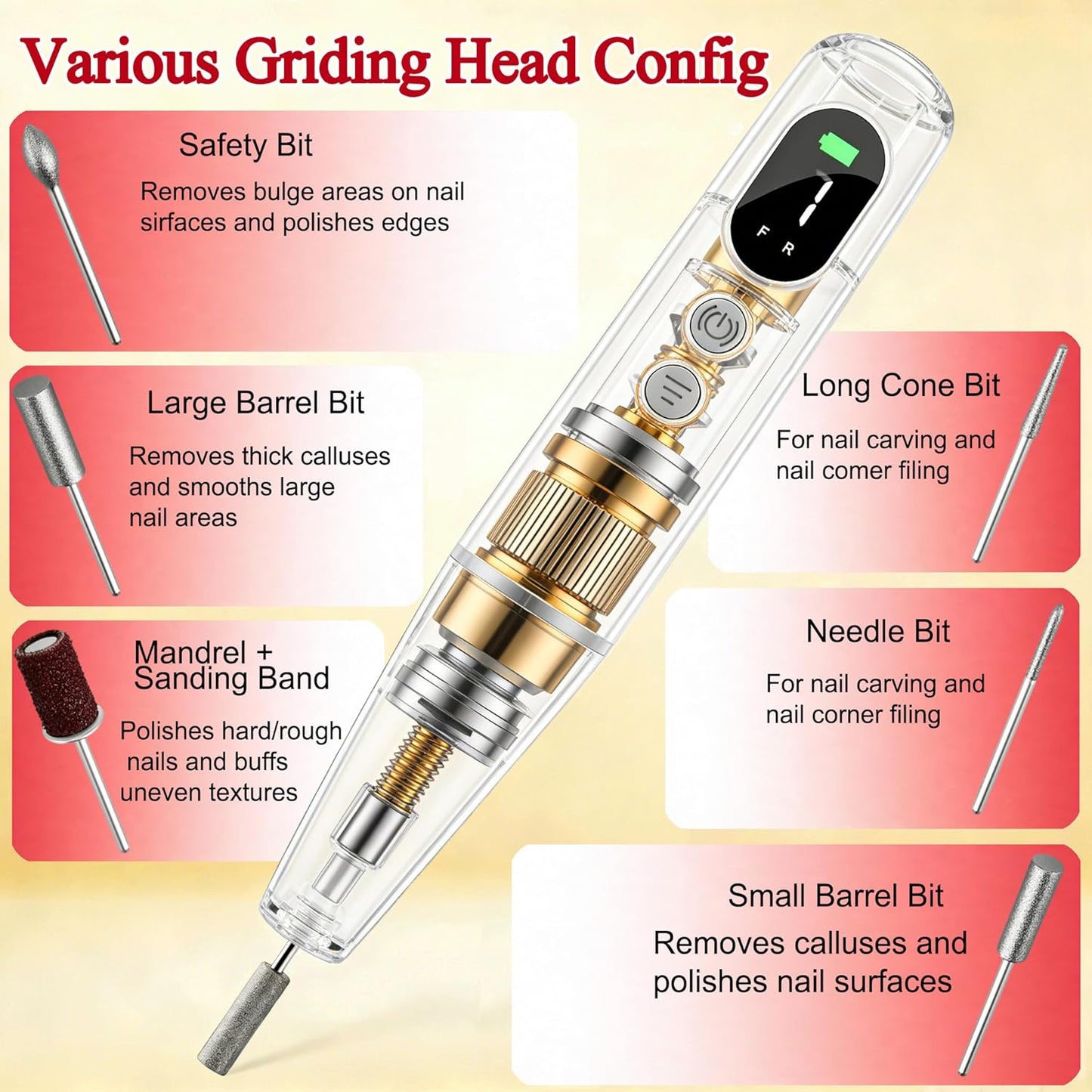 Professional Electric Nail Drill - Cordless Nail File with LED Display, 6 Bits & 26 Accessories for Gel/Acrylic Nails | White