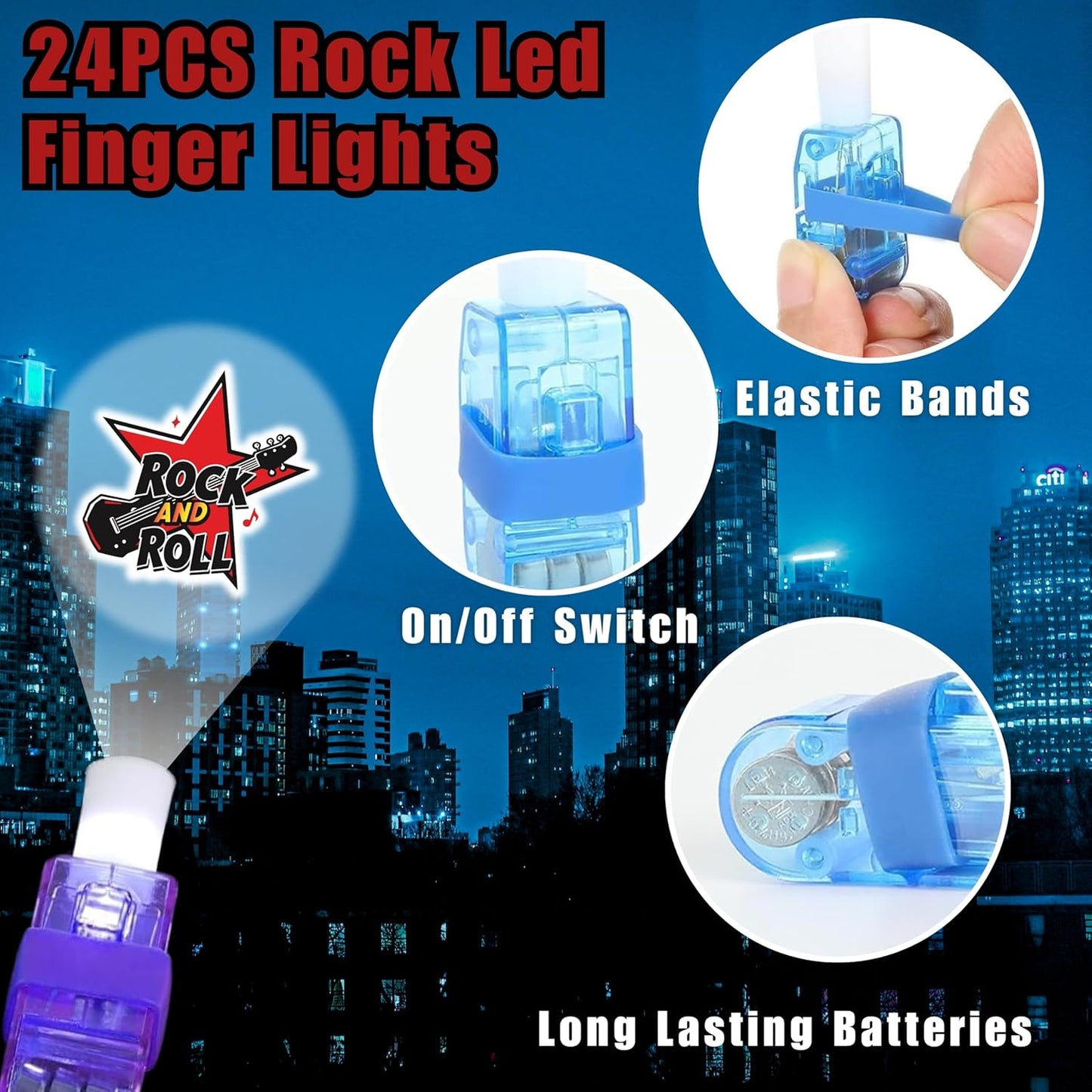 Rock Party Favors - 72 PCS LED Finger Lights & Tattoos Combo | Glow in the Dark Goodie Bag Fillers for Kids
