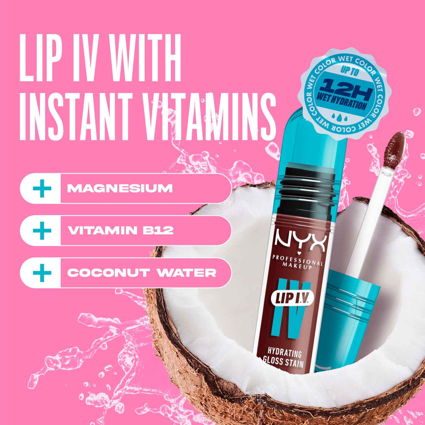NYX PROFESSIONAL MAKEUP Lip IV Hydrating Glossy Lip Stain, Long-Lasting, Tinted, Vegan Formula with 12 HR Hydration - Mocha Me Wet (Brown)