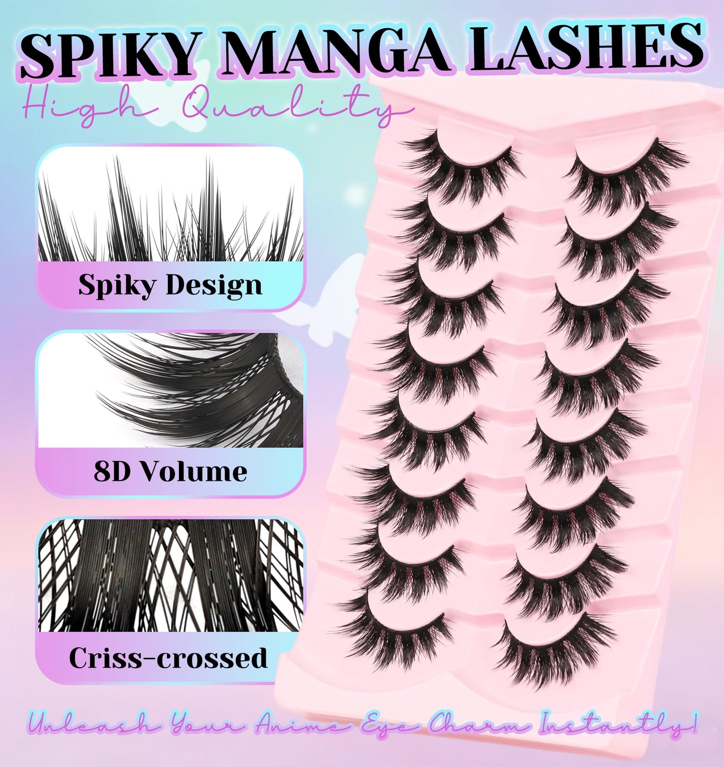 Losha Lashes Fluffy Manga Lashes 8D Volume Spiky Anime False Eyelashes 8 Pairs Soft Asian Eye Lashes Pack (Pop)