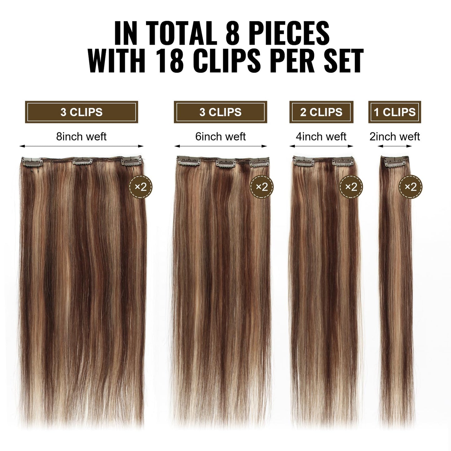 ABH AMAZINGBEAUTY HAIR Highlight Clip in Hair Extensions Human Hair 8 Pieces Chocolate Brown Mixed to Dark Blonde Hair Extensions Clip in Natural Blend Full Head Double Wefts Soft Straight 90G 16 Inch