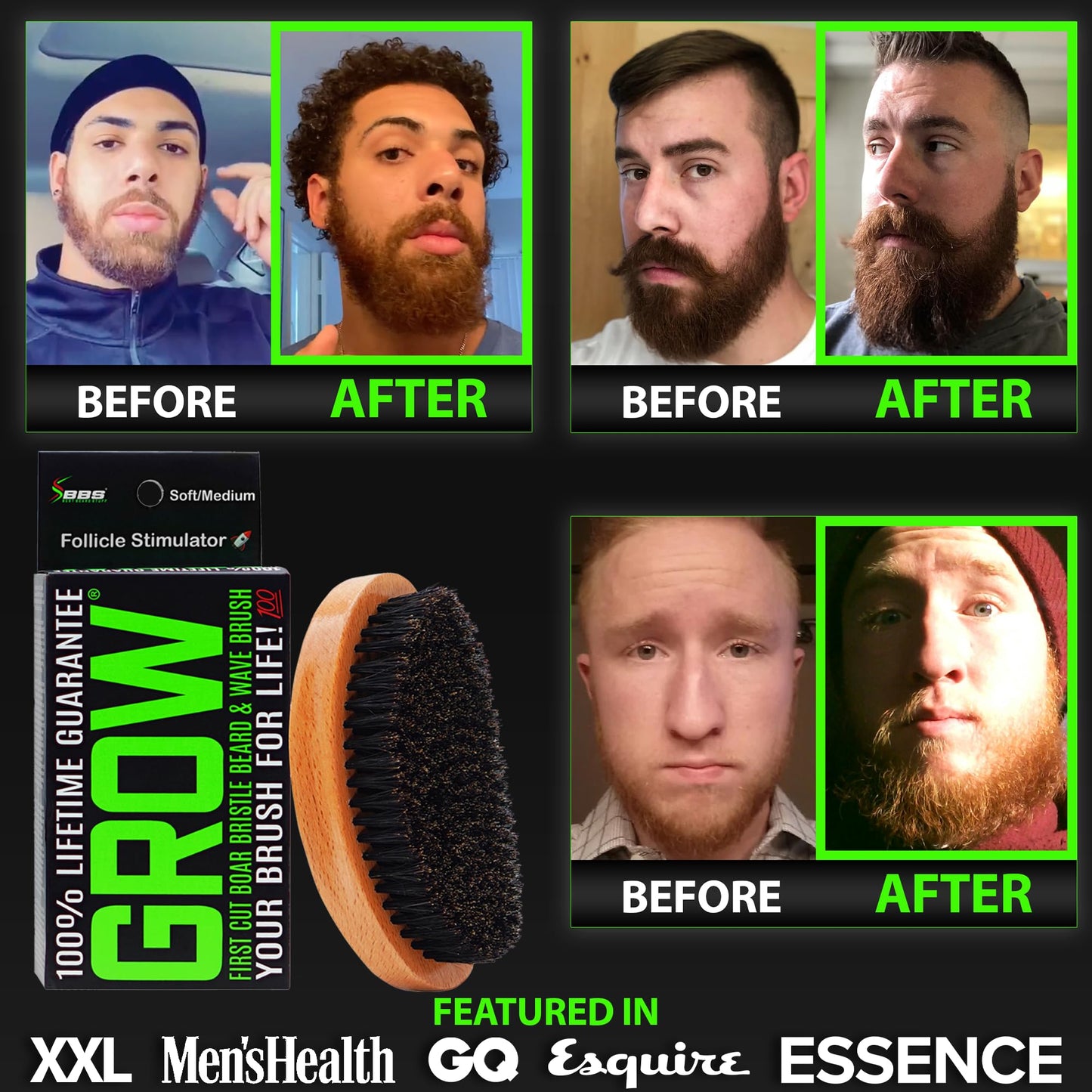 Beard Growth Kit w/ 100% Lifetime Replacement First Cut Boar Bristle Brush/Beard Brush for Men + 2X THICKENING Biotin Mustache Wax, Conditioner, and Softener - Formulated in America