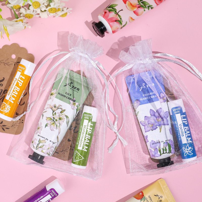 AZEN 32 Sets Bulk Gifts, Hand Cream and Lip Balm Bulk Set with Organza Bag Thank You Card, Baby Shower Wedding Gift for Guests, Bridal Wedding Favors for Guests, Mothers Day Gifts Stocking Stuffers