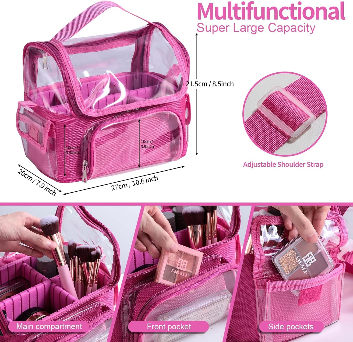 Transparent PVC Makeup Bag - Clear Travel Brush Organizer with Shoulder Strap | Hot Pink