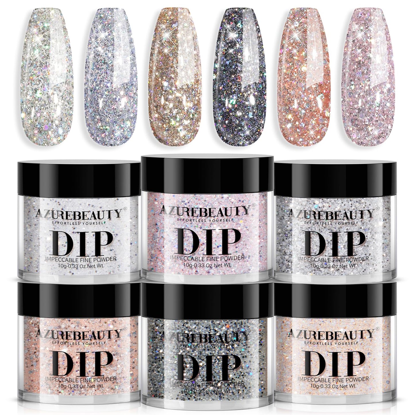 AZUREBEAUTY Dip Powder Nail Set, Silver Pink Black Dip Powder Liquid Set 4 Pcs Clear Dipping Powder Base Activator Top Coat and Brush Saver