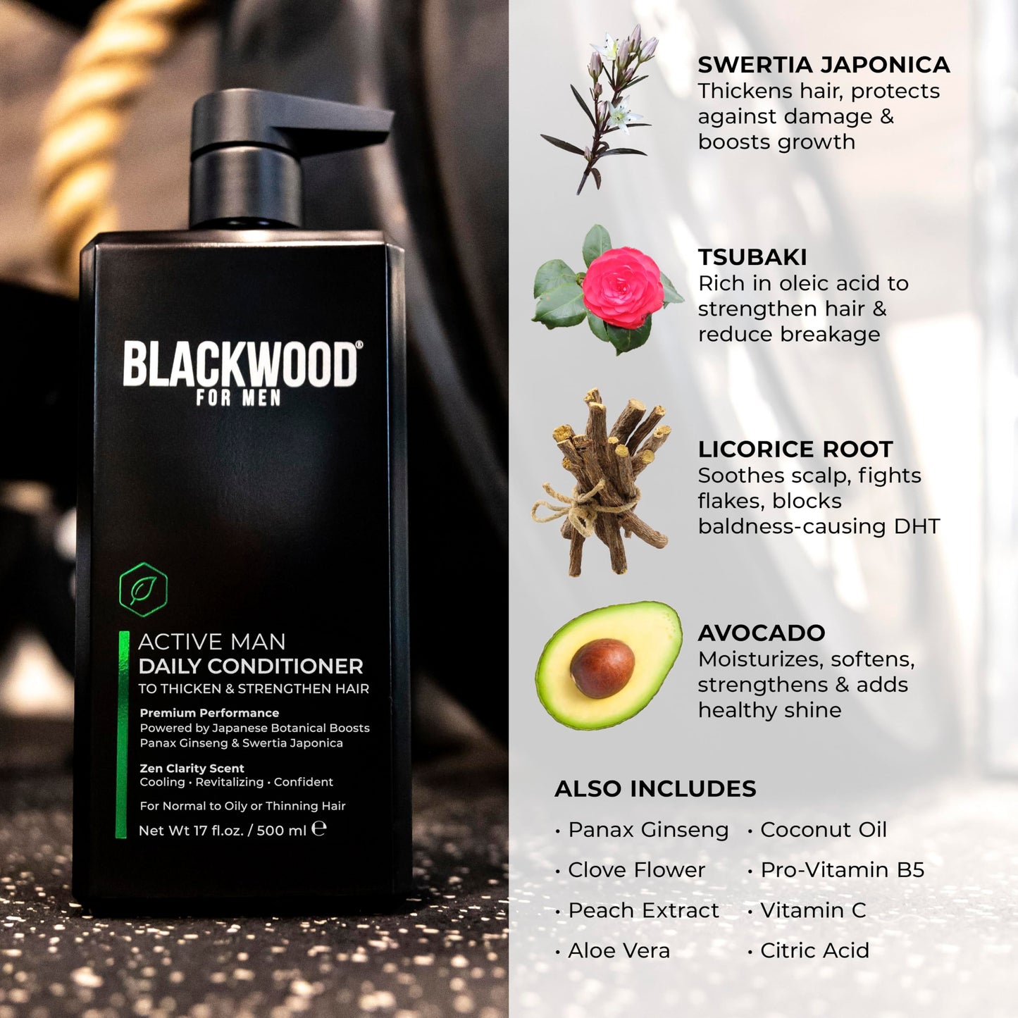 BLACKWOOD FOR MEN Active Man Daily Hair Conditioner for Men, Thickening Conditioner, Deep Nourishing Treatment for Shine, Hair Loss & Dandruff - Natural Vegan Formula Sulfate-Free, Paraben-Free,17 oz