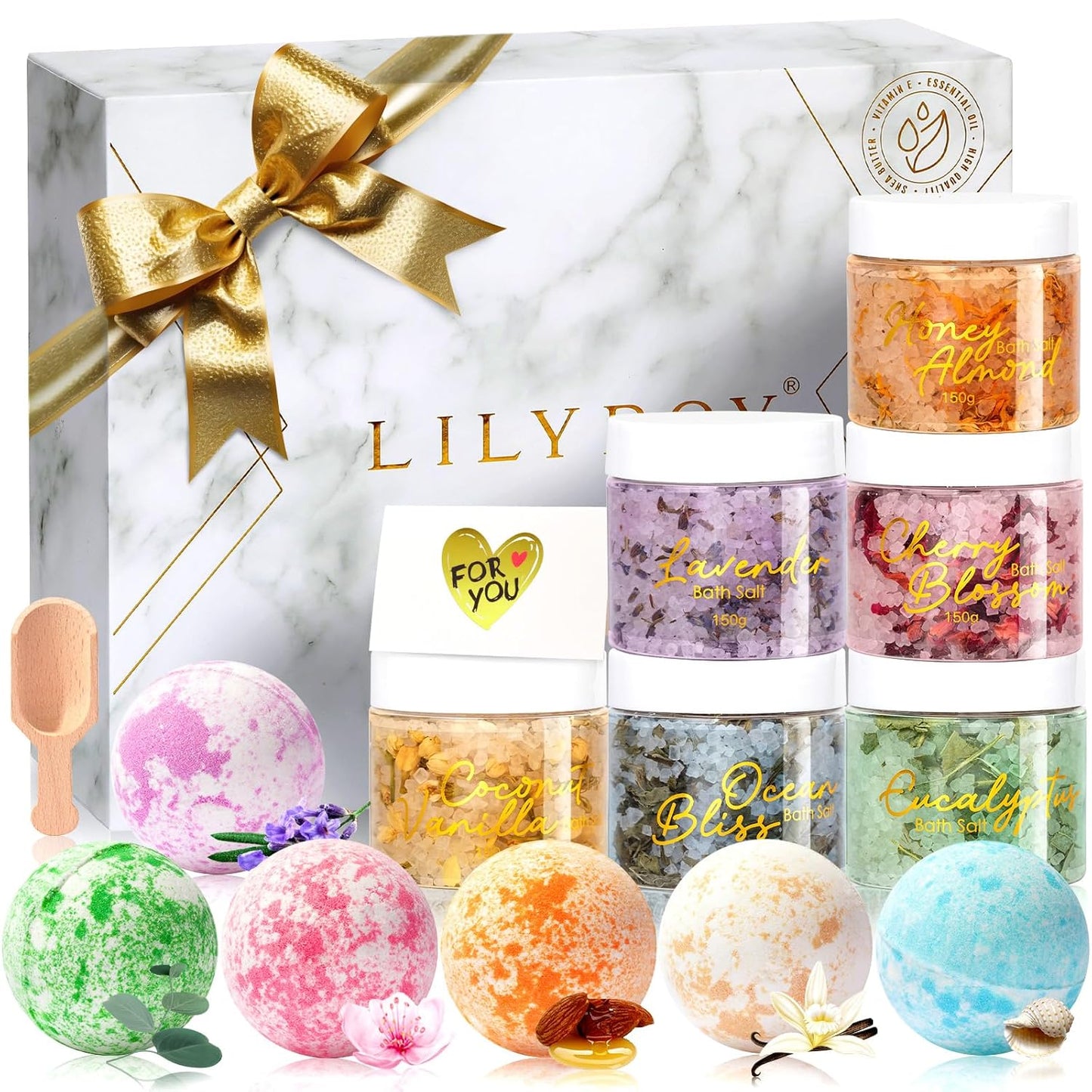 Luxurious Spa Gift Set - 15 Pcs Bath and Body Set for Men & Women | Includes 6 Bath Salts & 6 Bath Bombs