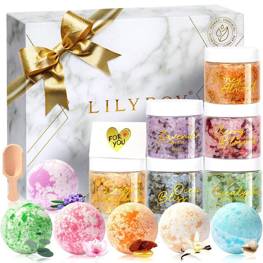Luxurious Spa Gift Set - 15 Pcs Bath and Body Set for Men & Women | Includes 6 Bath Salts & 6 Bath Bombs