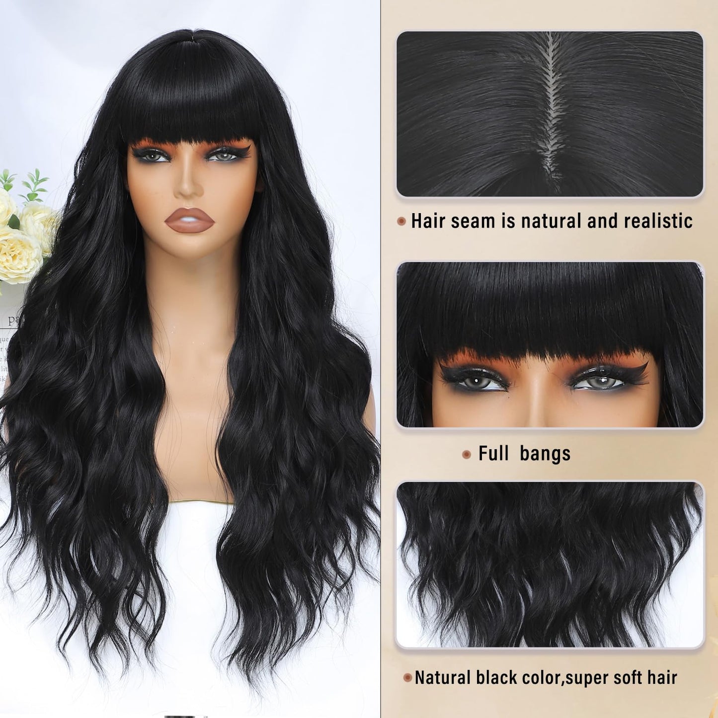 MINSEEYOO Black Wig with Bangs for Women Long Black Wavy Wigs 26 Inch Natural Black Wigs Natural Looking Heat Resistant Synthetic Wig for Daily Party Use