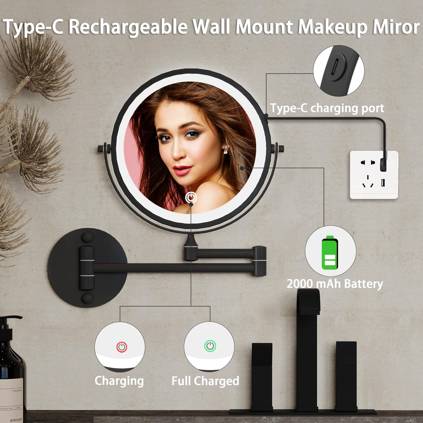 WZRUA 8 Inch Lighted Makeup Mirror Rechargeable Wall Mounted,Double-Sided 1X/10X Magnification,Dimmable 360° Swivel Extendable Bathroom Mirror Matte Black