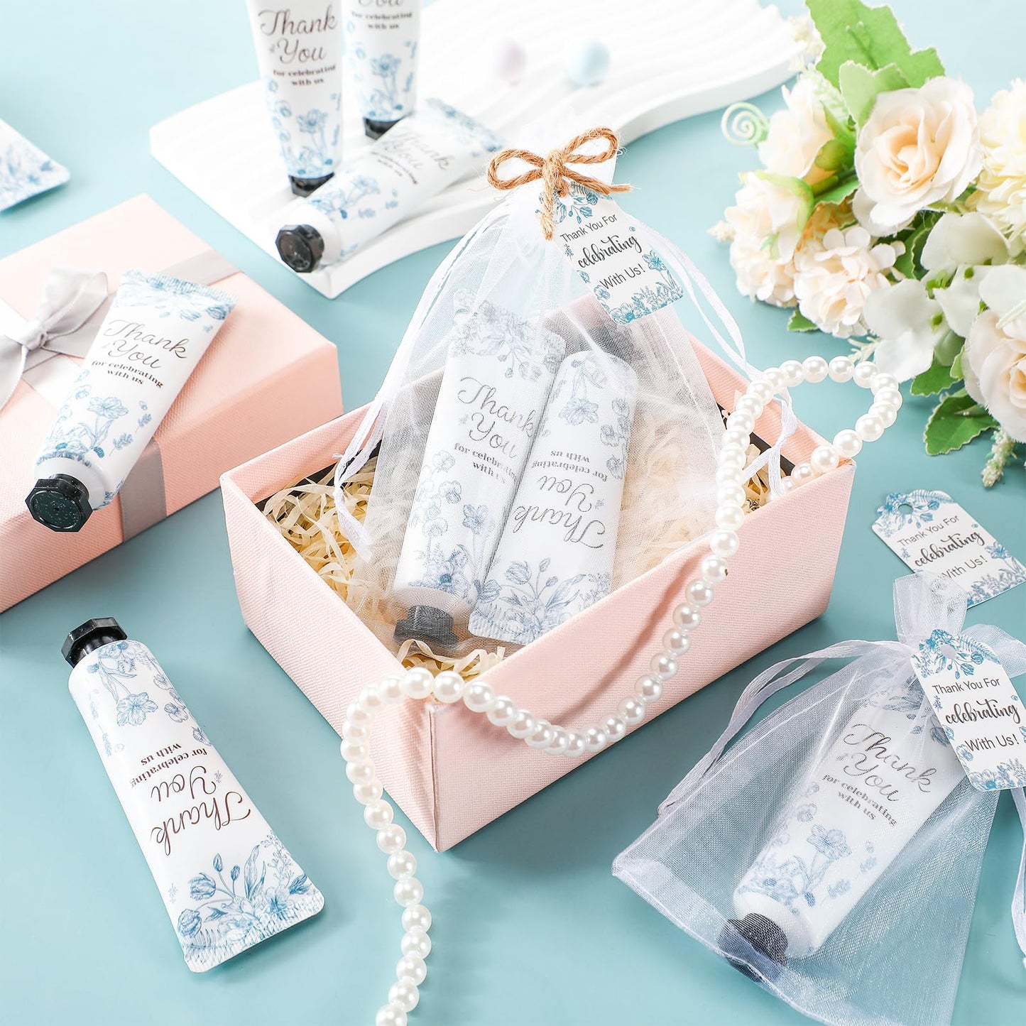Dansib 48 Sets /144 Pcs Baby Shower Hand Cream Gift Party Favors for Guests Gift Bridal Wedding Thank You Gifts Bulk Mini Travel Size Hand Lotion Set for Guests(Blue Flower)