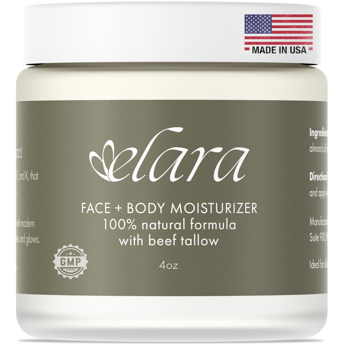 Elara Beef Tallow for Skin - Grass-Fed Whipped Tallow Balm - Face & Body Moisturizer with Sweet Almond Oil - Lightweight Skin Moisturizer for Sensitive Skin - 4 Oz.