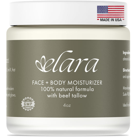 Elara Beef Tallow for Skin - Grass-Fed Whipped Tallow Balm - Face & Body Moisturizer with Sweet Almond Oil - Lightweight Skin Moisturizer for Sensitive Skin - 4 Oz.