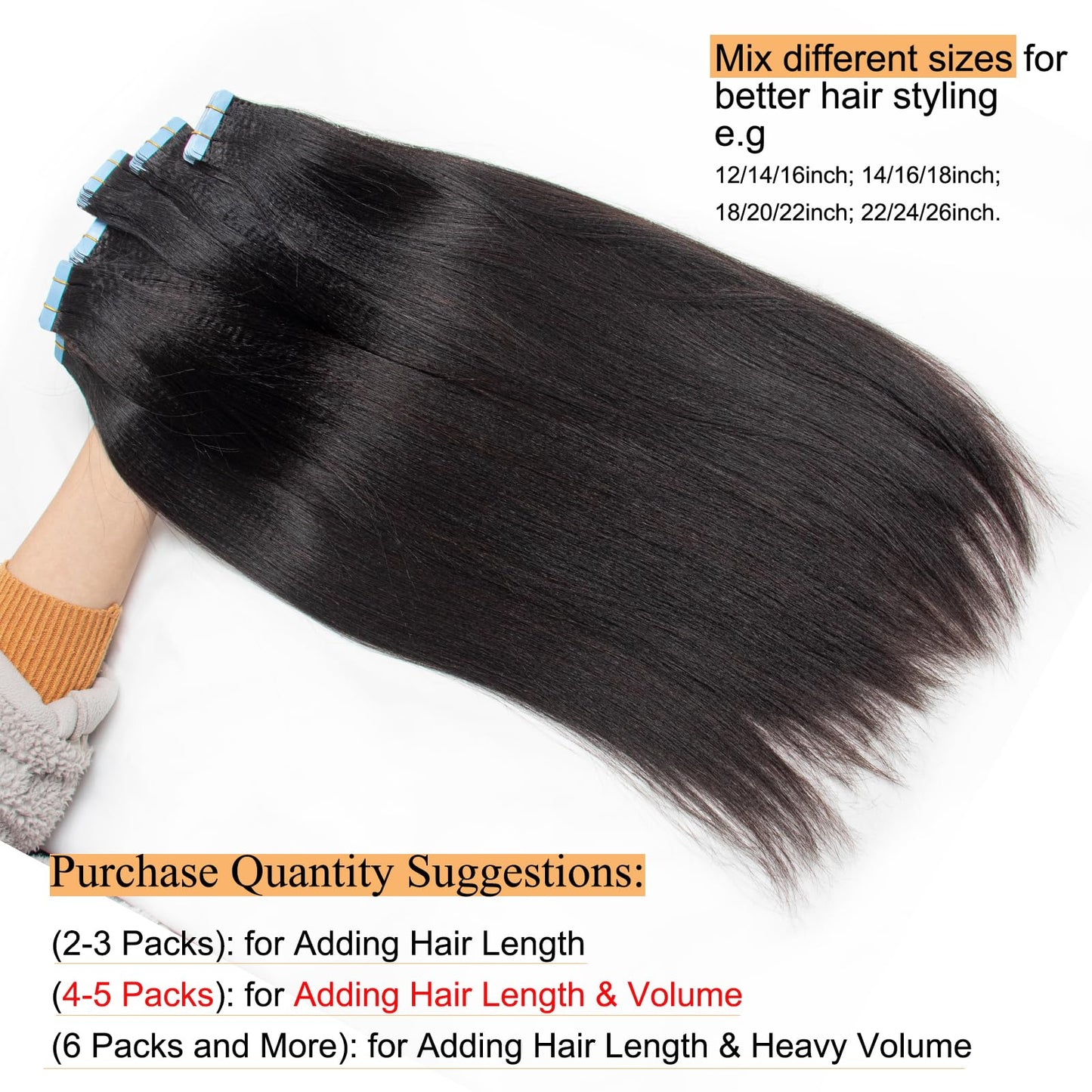 FEIPRO 18 Inch Tape in Hair Extensions Real Human Hair Light Yaki Straight Tape ins for Black Girls Women add Hair Length &Volume Invisible Seamless Skin Weft Thick Soft #Natural Black 40g 20pcs/Pack
