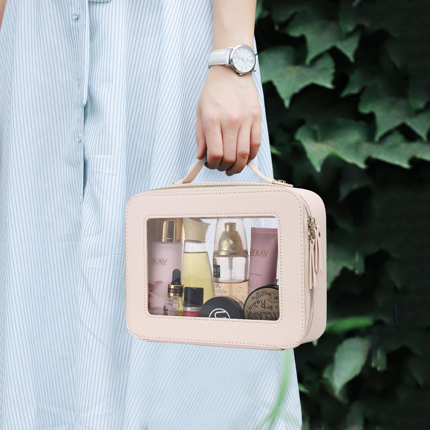Travel Makeup Set - Waterproof Transparent Cosmetic Bag & Toiletry Organizer | Makeup Brush Case for Women (Beige, L+M+Slim)