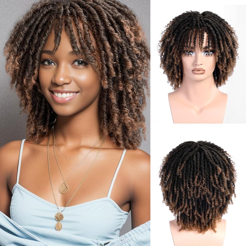 Looxey Dreadlock Wig, Short Braided Wigs for Black Women, Synthetic Dreads Wig with Bangs, Glueless Afro Curly Wig Natural Dreads Loc for Daily and Party (Ombre Blonde)