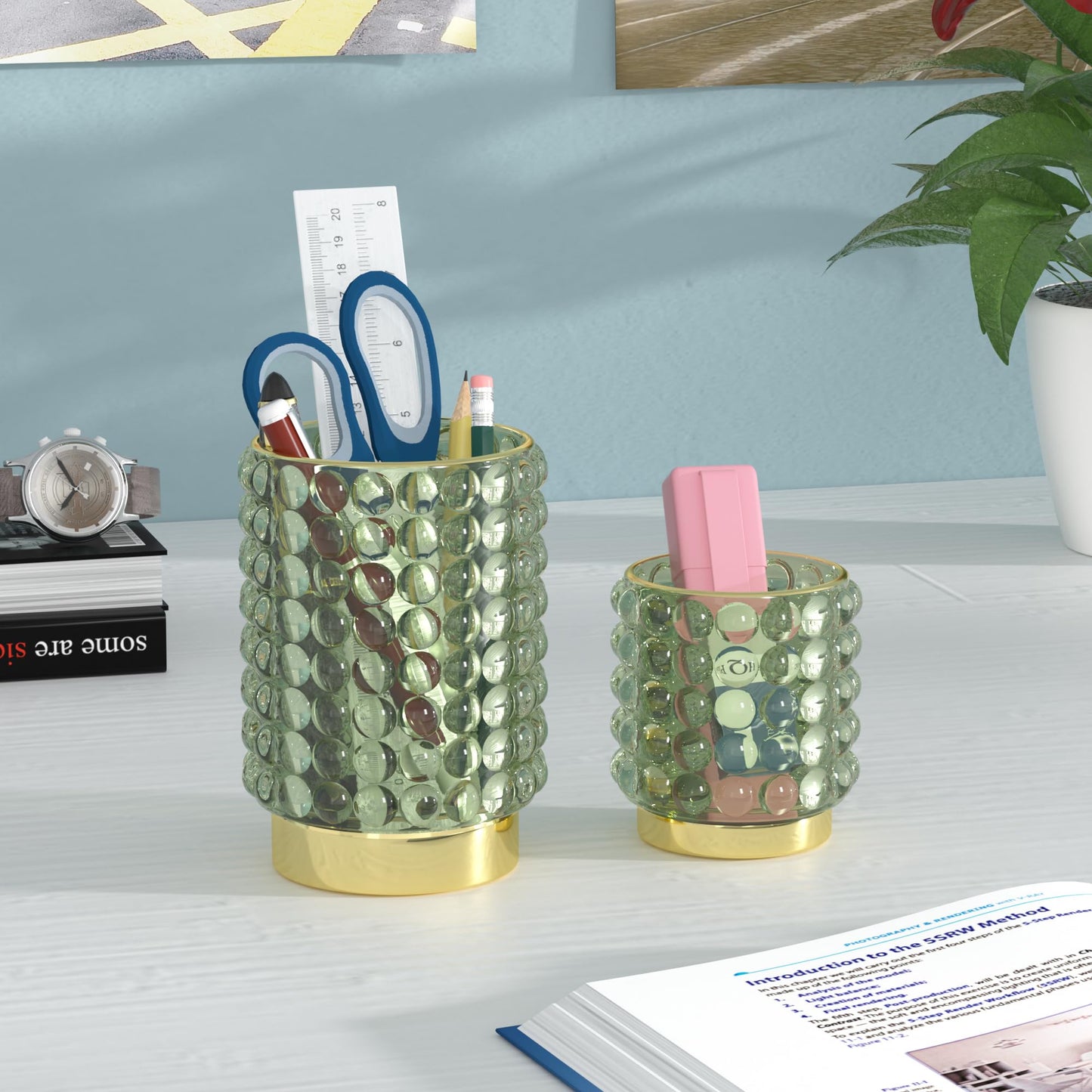 AZeeKMon Makeup Brush Holder Organizer, Clear Green Cosmetic Glass Storage Holder, Vintage Crystal Bubble Gold Make Up Brush Cup Pen Pencil Holder